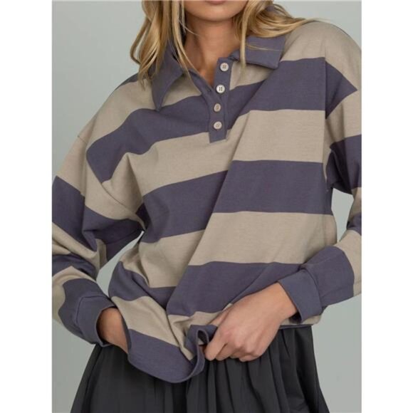 Striped Polo Collar Sweatshirt with Button Details - Picture 1 of 9
